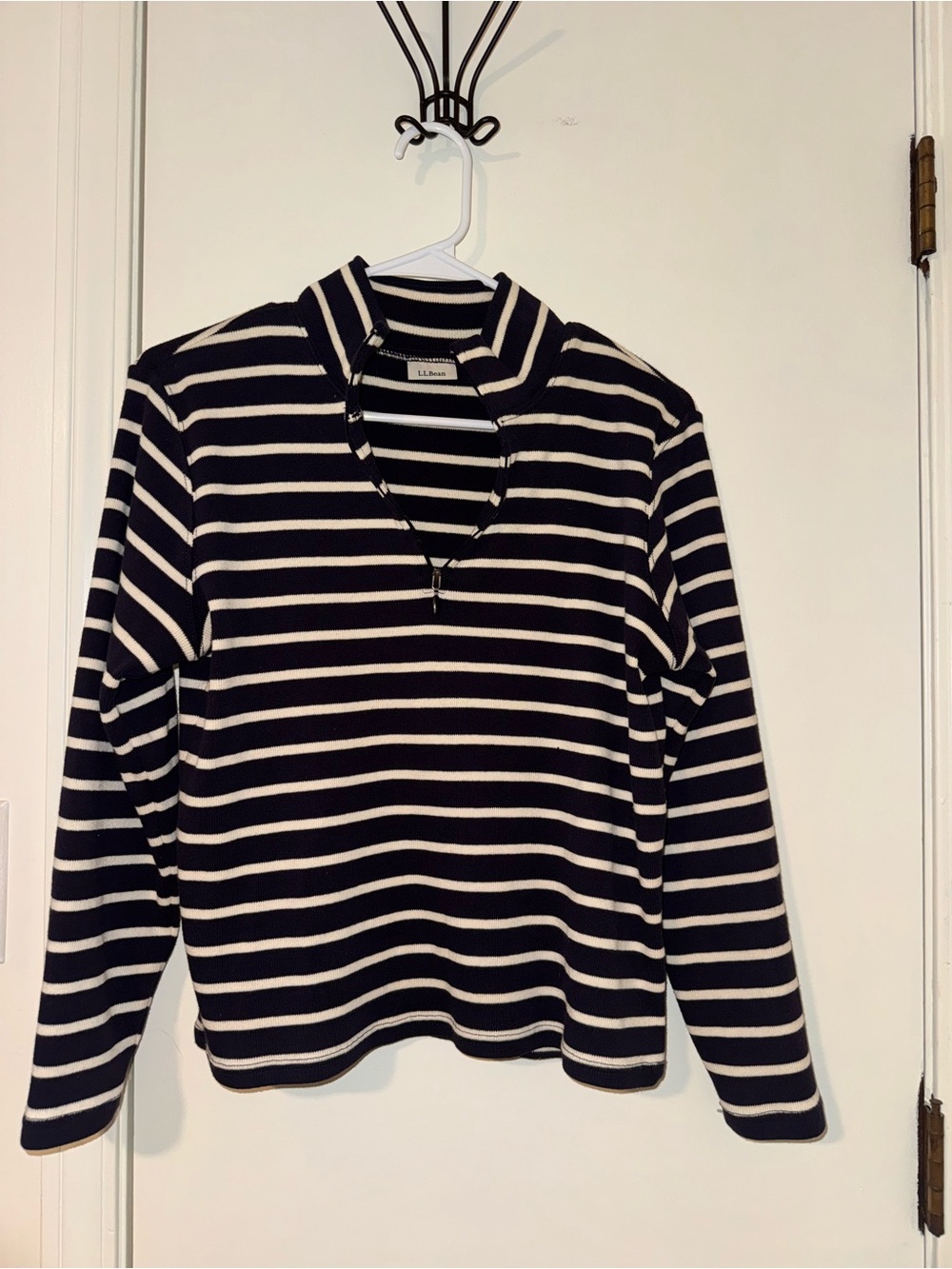 L.L. Bean Navy and White Striped Quarter-Zip Turtleneck Sweater